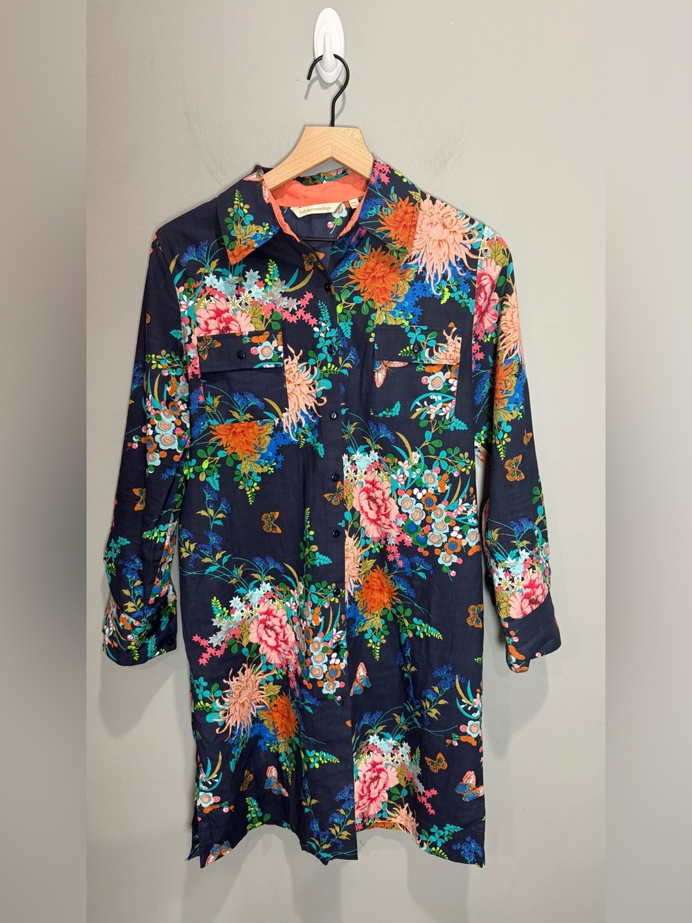 Soft Surroundings PXS Navy Floral Cotton Shirt Dress Tunic Pockets